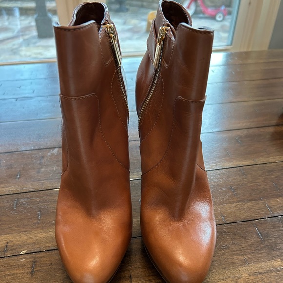 Michael Kors Cognac Leather Ankle Booties with Gold MK Accent - Picture 2 of 6